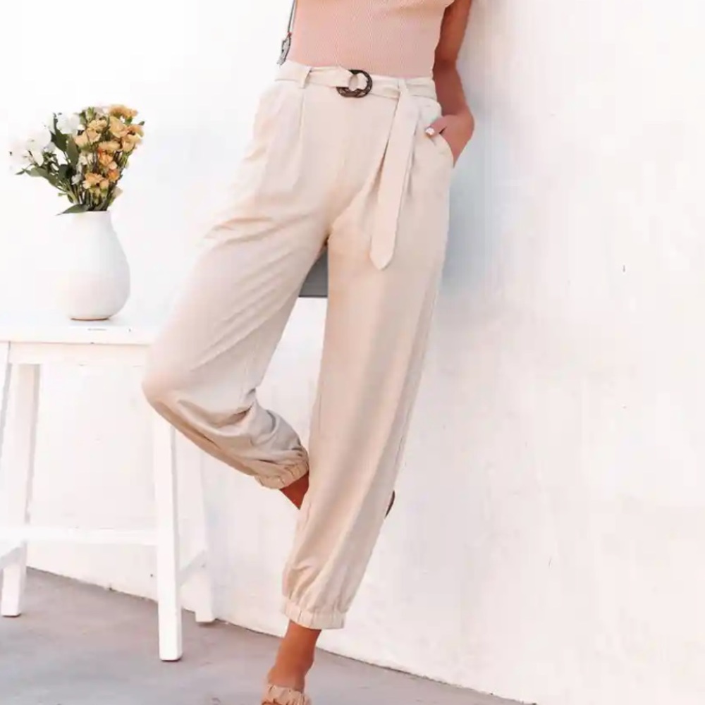 New POCKETED BELTED TROUSERS - CHAMPAGNE